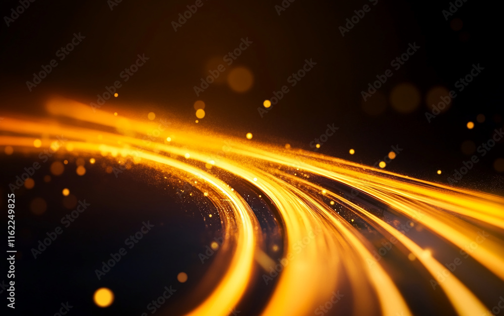 Poster Abstract Golden Light Trails with Sparkling Particles on a Dark Background