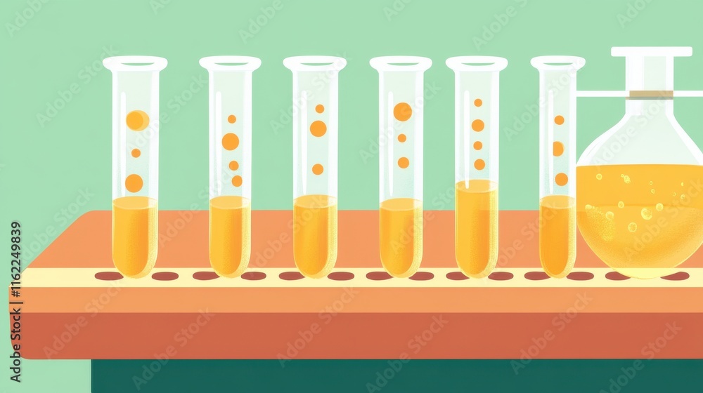 Poster colorful laboratory scene with test tubes and a flask filled with orange liquid.