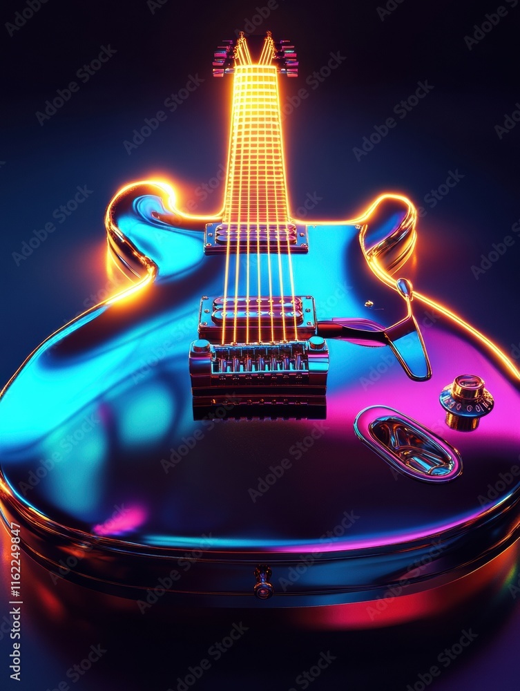 Poster Striking 3D guitar design illuminated with vibrant neon colors in a dark setting. Generative AI