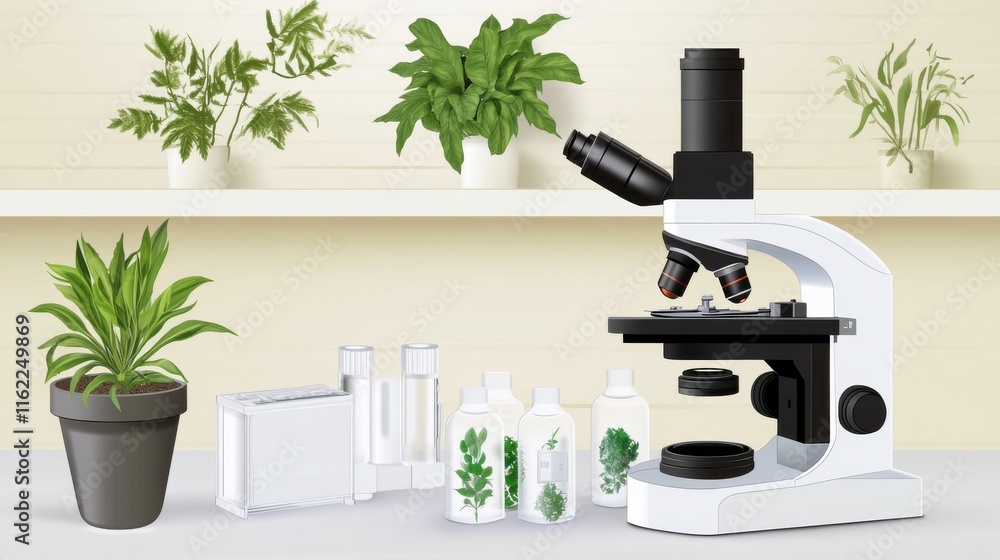 Poster a modern microscope on a lab table surrounded by plants and herbal products in a serene setting.