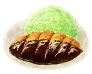 白いお皿にのった味噌カツのイラスト