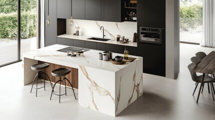 Modern Kitchen Island with Marble Countertops and Stylish Seating