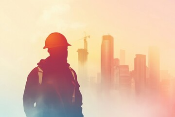 Silhouette of a male construction worker in a hard hat against a vibrant urban skyline.