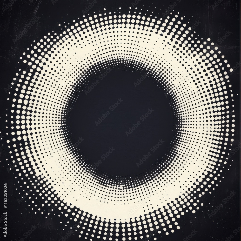Poster a striking circular pattern of white dots on a black background, creating a dynamic visual effect.