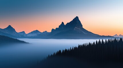 Obraz premium A serene landscape featuring majestic mountains silhouetted against a colorful dawn sky, with a fog-covered valley and dense forest in the foreground.