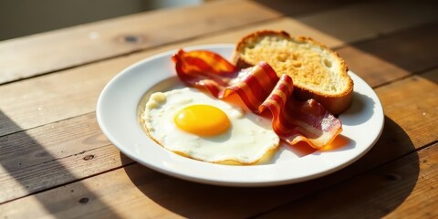 A sunny-side up egg, crispy bacon strips, and a slice of toasted bread served on a plate on a wooden surface
