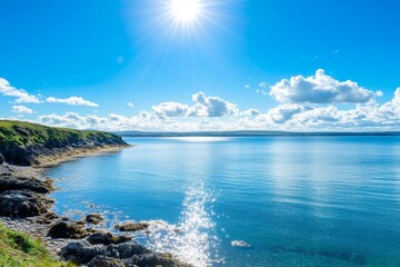 Obraz premium Bright Sunlight on Calm Ocean Bay - Serene coastal scene, bright sunlight reflecting on tranquil ocean waters, a picturesque landscape of nature's beauty, symbolizing peace, tranquility, serenity, esc