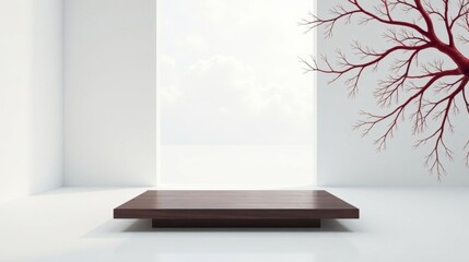 Serene Minimalist Interior Design Featuring a Dark Wood Platform and Branch Art