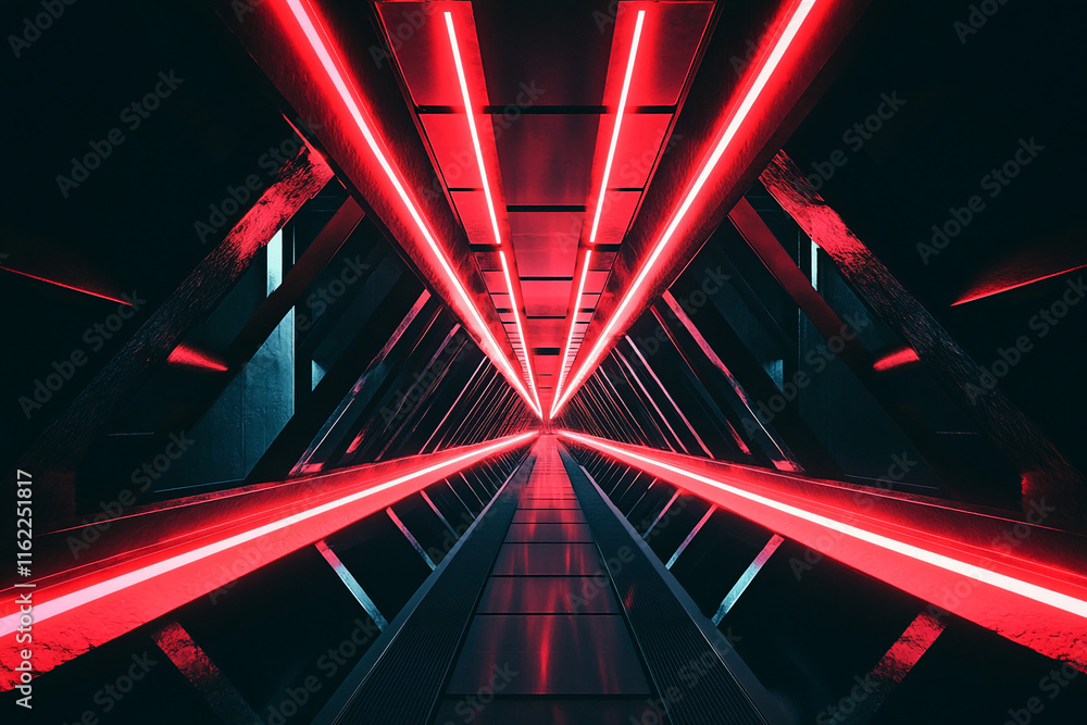 Poster futuristic neon red tunnel with symmetrical geometric design and sci-fi ambiance. gamer background
