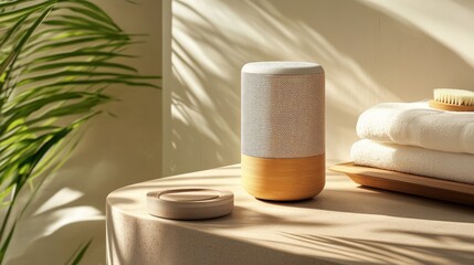 Naklejka premium Modern Wooden Speaker Beside Soft Towels