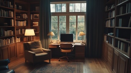 Cozy Library Study Room With Bookshelves And Desk