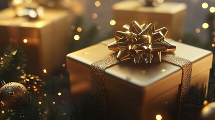 New Year banner with Christmas gift boxes and gold