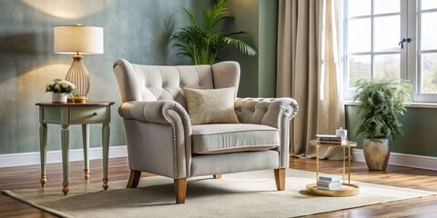 Fototapeta premium Elegant Cozy Classic Living Room Armchair, Comfortable Upholstered Chair for Home Decor