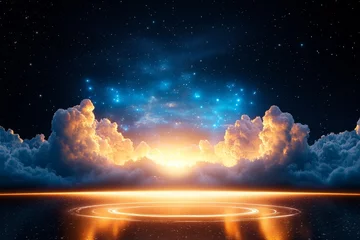 Poster Celestial Sunrise Over Calm Waters - Serene sunrise, cosmic clouds, starlit sky, glowing horizon, tranquil ocean. Symbolizing peace, hope, wonder, creation, and eternity.