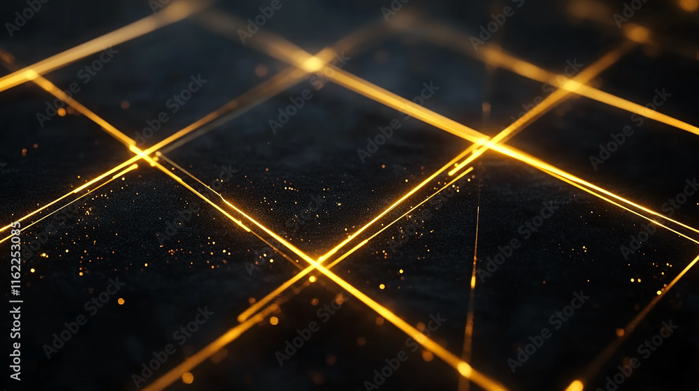 Poster glowing golden grid lines with sparkling particles on dark background. gamer background