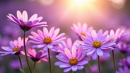 Fototapeta premium Delicate pastel purple wildflowers bathed in the warm glow of sunrise, a breathtaking display of natural beauty in a serene meadow