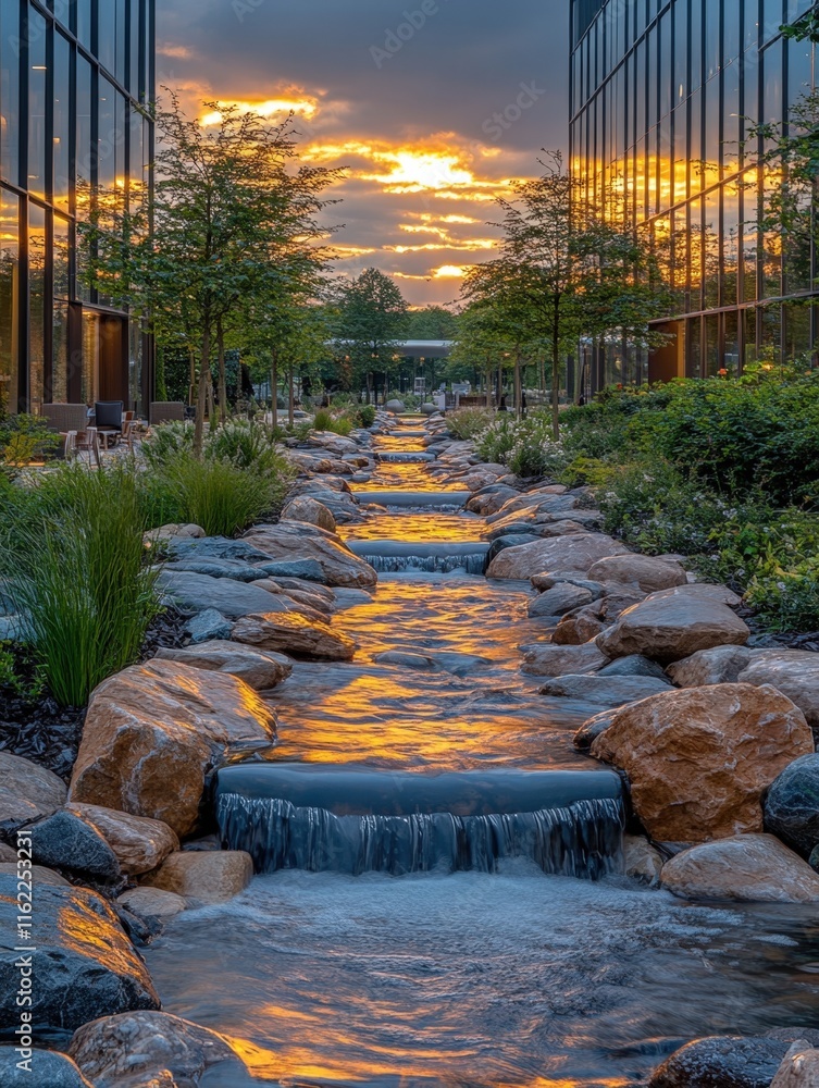 Poster sunset view of a calming stream flowing through a modern office complex.