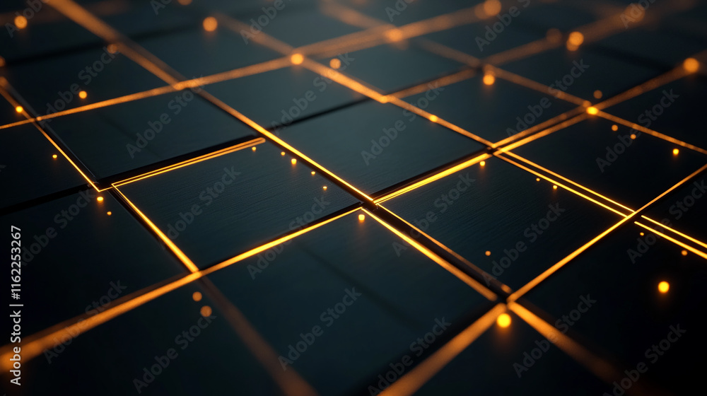 Poster Abstract Glowing Grid with Golden Lines and Sparkling Light on Dark Surface. Gamer background