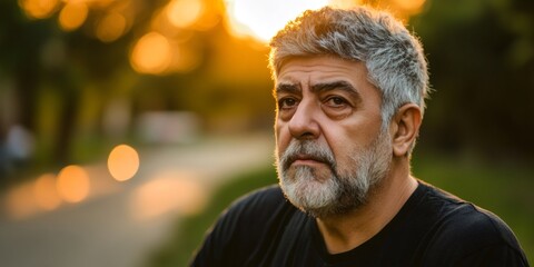 Senior man with gray beard resting thoughtfully, sunlight casting warm highlights across weathered facial features during golden hour moment