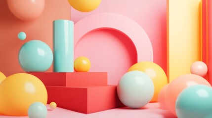 Abstract Pastel Color Composition with Geometric Shapes and Spheres