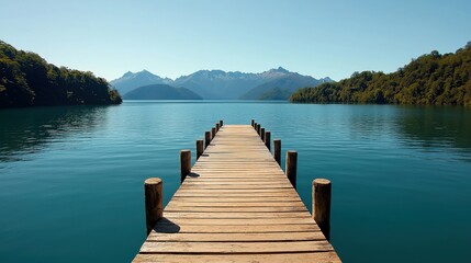 Obraz premium A serene wooden pier extends into calm turquoise waters, surrounded by lush mountains and a clear blue sky, creating a peaceful natural landscape.
