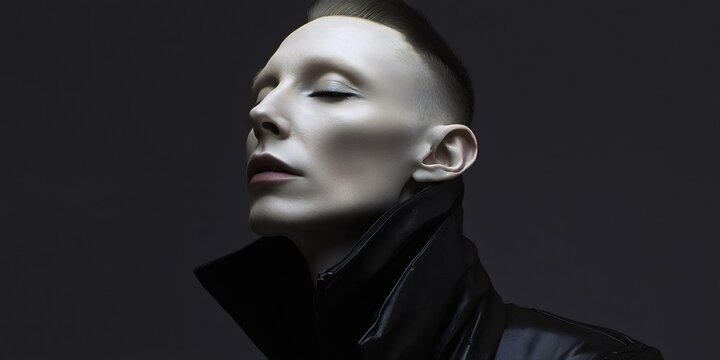 Monochrome portrait capturing Tilda Swinton wearing black jacket, eyes closed, revealing distinctive androgynous allure