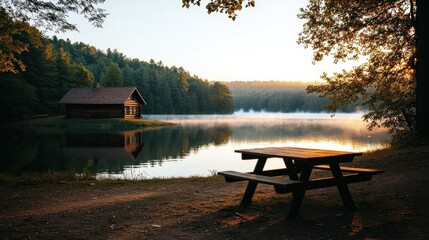 A serene lakeside scene featuring a wooden cabin and a picnic table under trees, bathed in warm morning light.