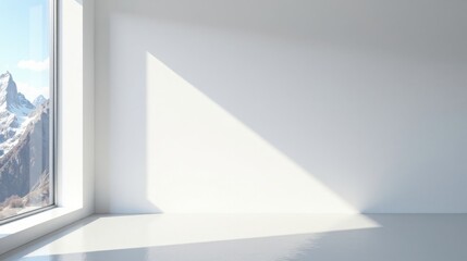 Obraz premium Serene Minimalist Room with Mountain View and Sunlight Streaming Through Large Window