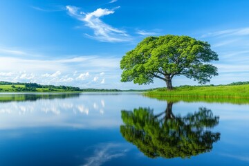 Obraz premium Colossal Tree Lakeside Reflection - Serene lake, majestic tree, tranquil reflection, peaceful nature, vibrant summer. Symbolizing peace, serenity, growth, reflection, and nature's beauty.