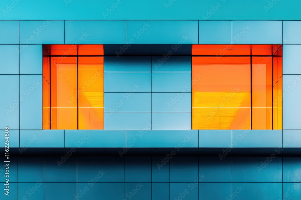 Poster modern building facade with two illuminated windows.