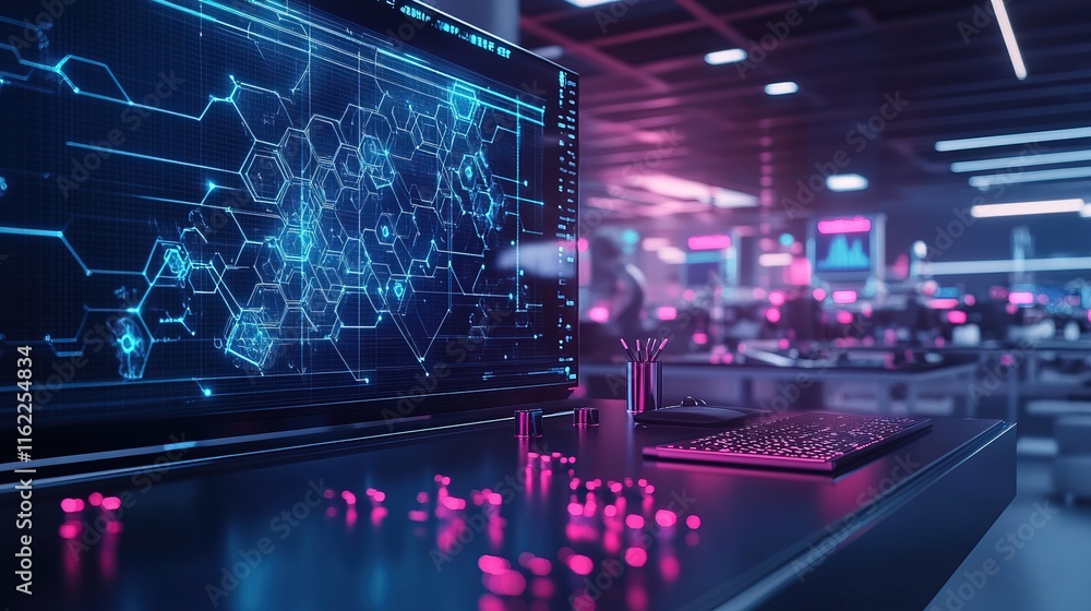 Poster a futuristic workspace with holograms showing complex molecular structures, ambient lighting