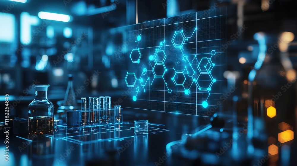 Poster a futuristic workspace with holograms showing complex molecular structures, ambient lighting