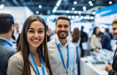 A professional exchange between a man and woman at a business event highlights the collaborative energy of the trade show.