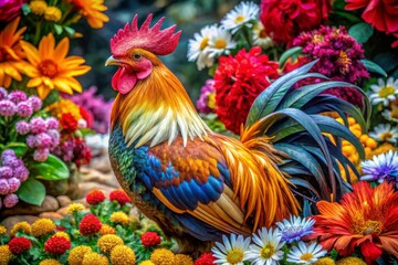 Fototapeta premium Floral Rooster Bird's Eye View: Vibrant Colorful Rooster