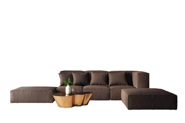 Modern sectional sofa in brown with cushions, a gold coffee table, and decor, isolated on white background. Perfect furniture layout element. 3D Rendering.