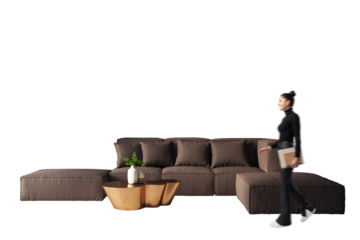 Brown sofa with matching cushions, a golden coffee table, and a person holding a book, isolated on white background. Modern home decor