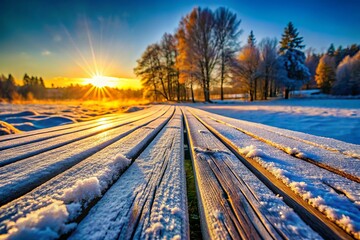 Fototapeta premium Frosty Wooden Planks: Winter Landscape Stock Photo - Gnarled Texture