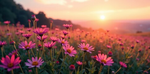 Obraz premium Softly glowing wildflowers in the foreground amidst a hazy meadow landscape at sunset, blur, nature, flowers