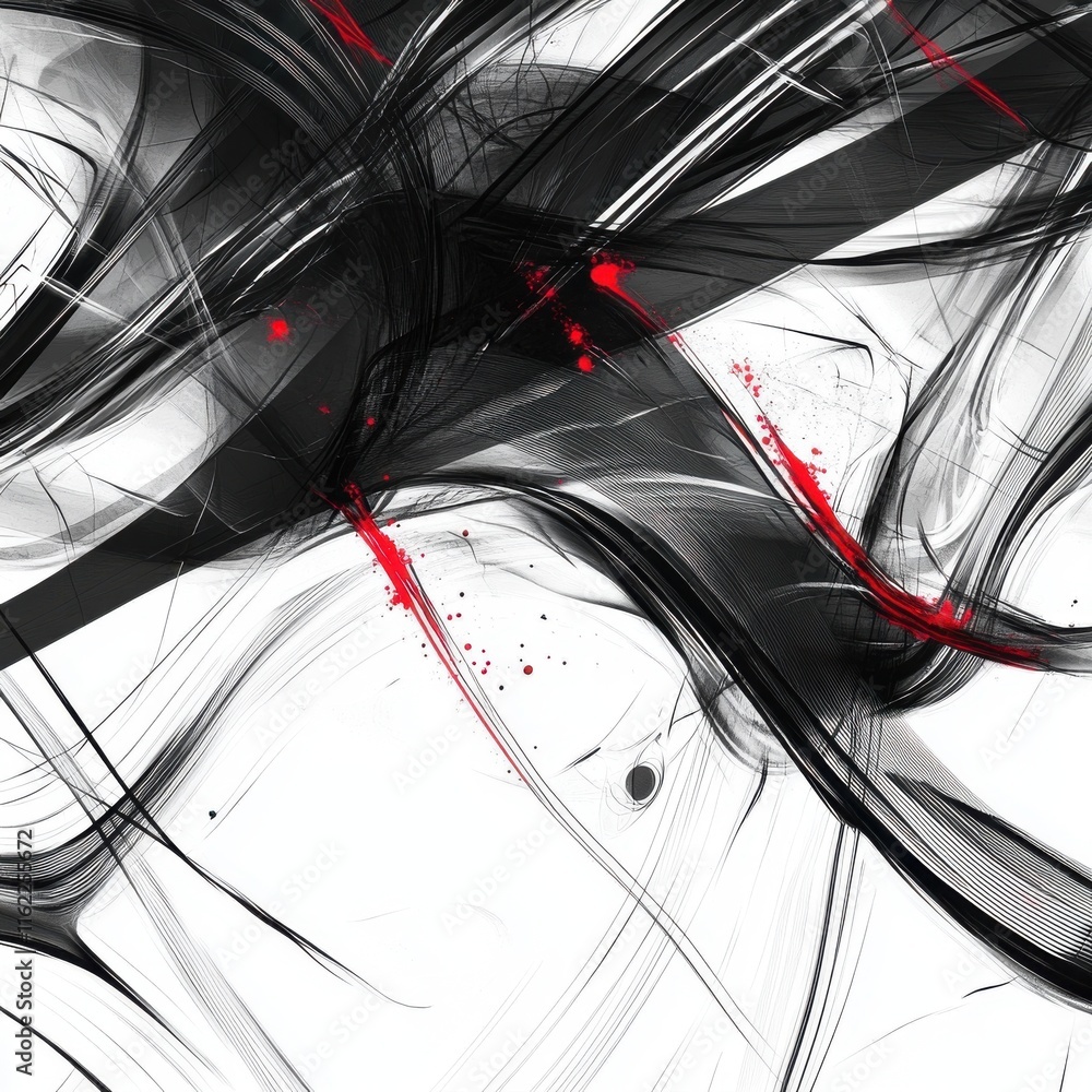 Poster abstract black and white artwork with dynamic gray lines and splashes of red, creating a striking co