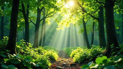 Obraz premium Sunlit Path Through a Lush Green Forest, Illuminated by Rays of Morning Sunlight, Creating a Serene and Peaceful Atmosphere