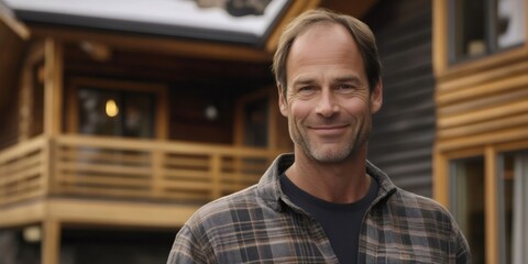 Fototapeta premium Proud homeowner standing confidently near rustic mountain lodge, beaming with satisfaction amid serene wilderness landscape