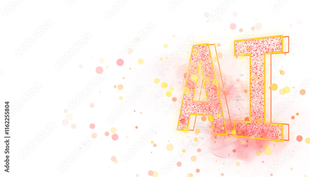 Aufkleber AI text in red and yellow tones with dot patterns, abstract background, white backdrop, concept of innovation and technology. 3D Rendering.
