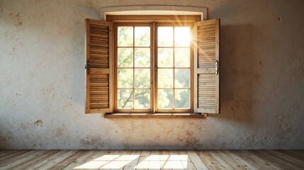 Fototapeta premium Rustic Room Interior Featuring Sunlit Window with Open Wooden Shutters and Weathered Walls