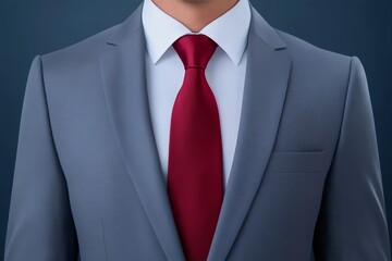 Dapper Young Gentleman's Grey Suit and Red Tie - Sharp grey suit, crimson tie, classic style, professional attire, sophisticated look.  Symbolizing success, confidence, elegance, authority, and ambiti