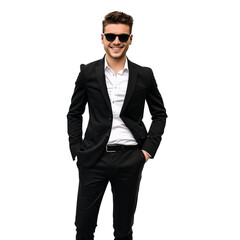 Man in a black suit and sunglasses, perfect for business or formal occasions on Transparent Background