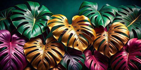 Gold Tropical Palm Monstera Leaves on Black Pink Green Background - 3D Render