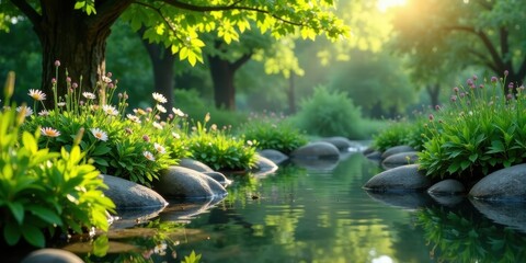 Naklejka premium Serene Garden Stream at Dawn Lush Greenery, Tranquil Waters, and Delicate Blossoms Reflecting the Golden Sunlight