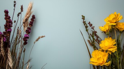 Fototapeta premium Pastel Blue Background with Yellow Purple Dried Flowers