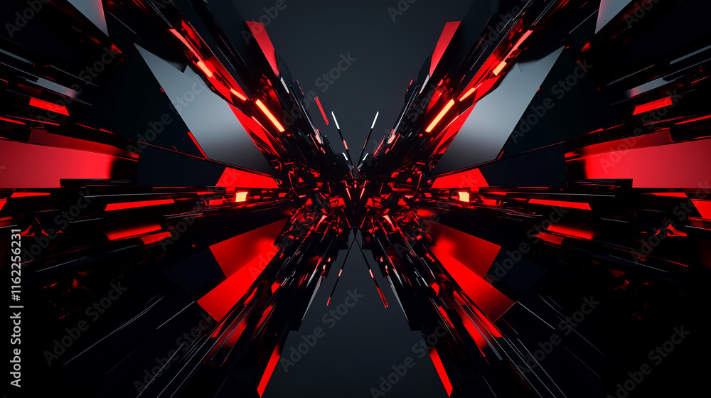 Poster abstract red and black geometric symmetrical 3d design with futuristic elements. gamer background