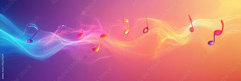 Aufkleber colorful 3d music notes flowing through vibrant waves at dawn in a digital landscape. generative ai